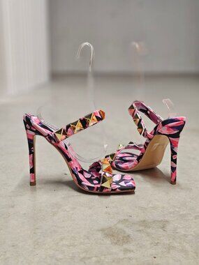 Pink & Gold Studded High Heel Sandals With Floral Pattern Open Toe Stiletto Heel